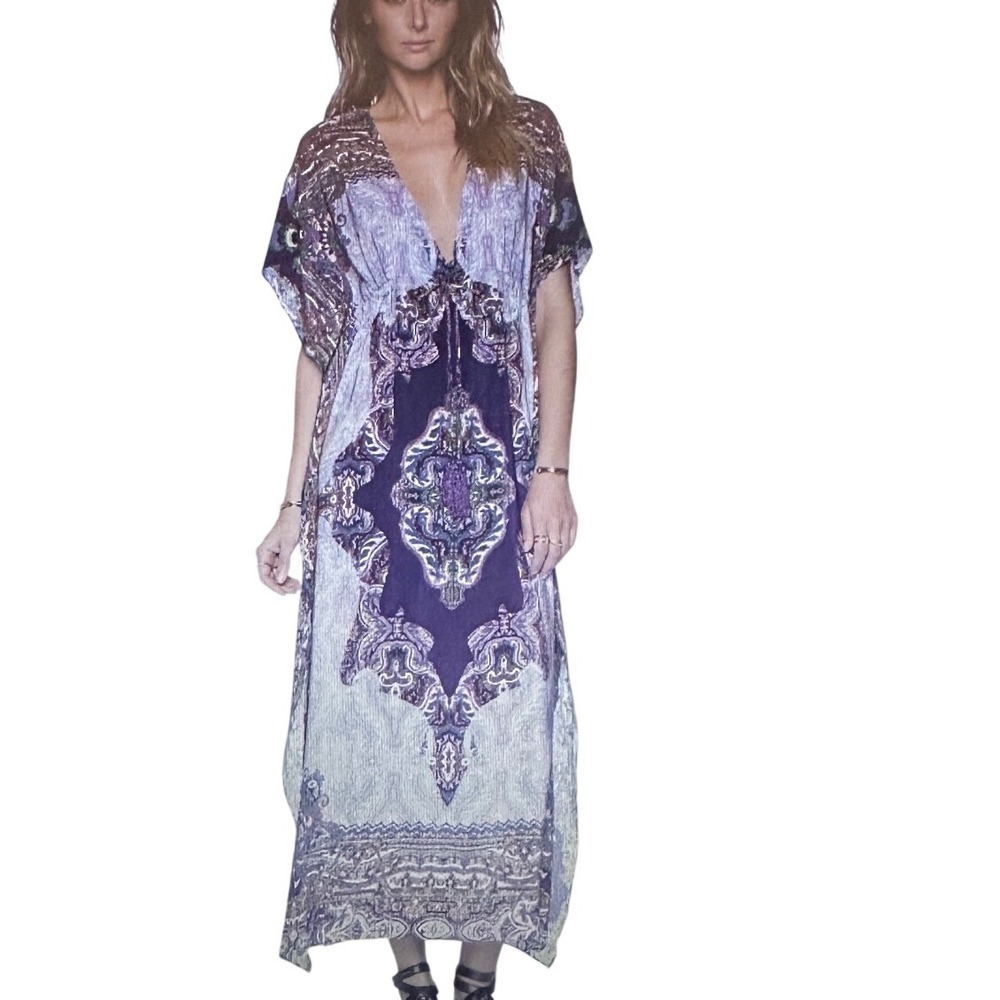 Ale by Alessandra Purple Paisley Kaftan Maxi Dress Tassel Silk‎ Blend  One Size